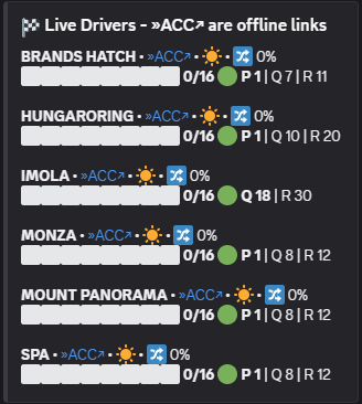 Live Drivers section showing offline ACC links